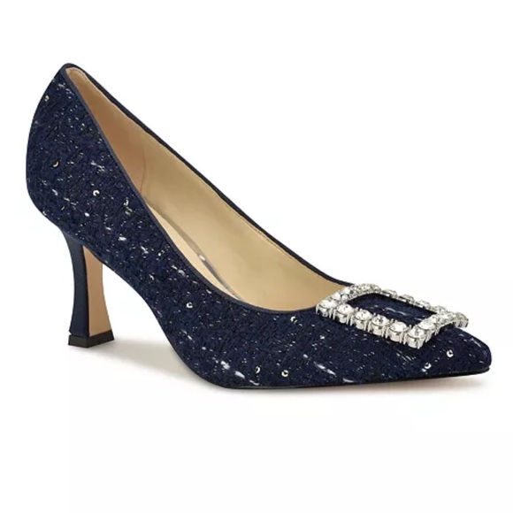 Nine West - Jacquee Navy Tweed Rhinestone Buckle Pointy Toe Kitten Heel Pump 8.5 - Picture 1 of 4